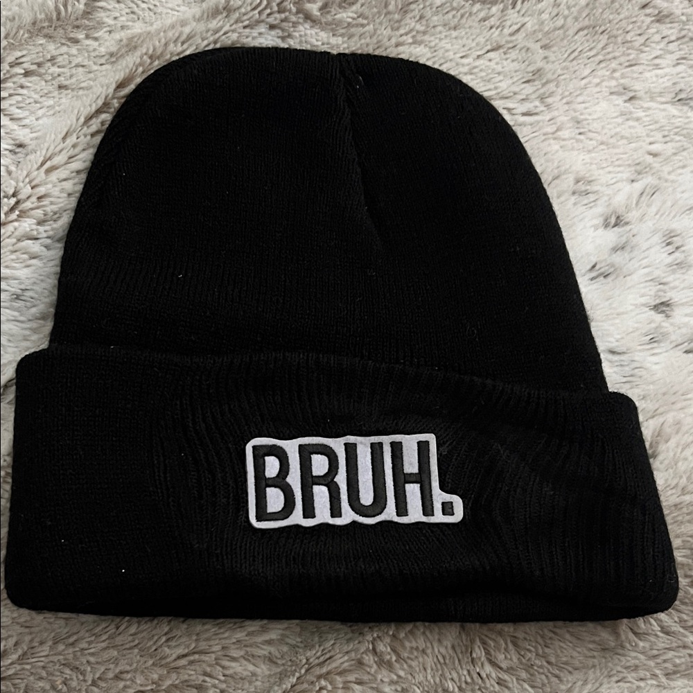 BRUH. Embroidered Black Beanie Hat - Men's Accessories